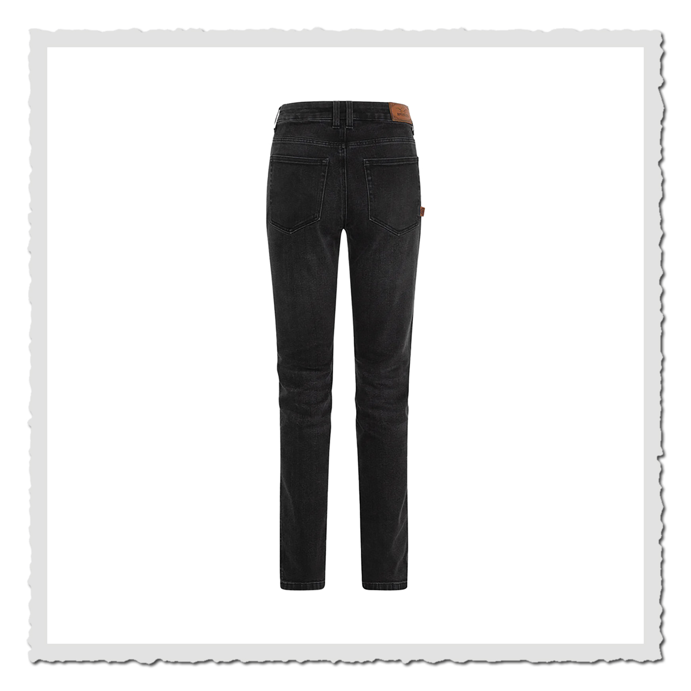 Schwarze Jeans in Rückansicht, freigestellt vor hellem Hintergrund, mit geradem Beinverlauf.